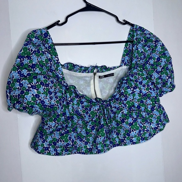 Zara blue green floral puff sleeve back zip crop top size large - Picture 3 of 6
